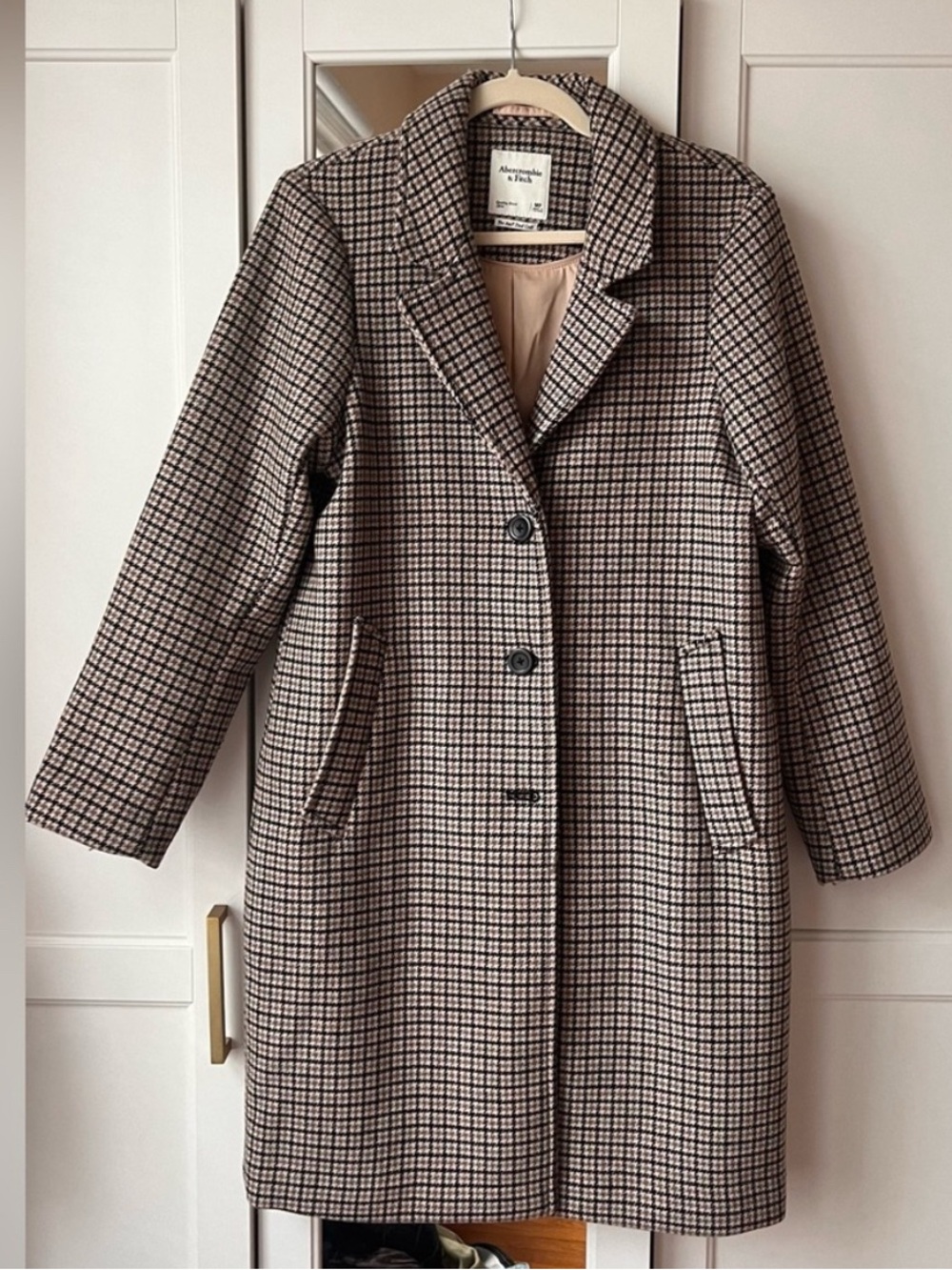 Abercrombie & Fitch Brown and Cream Checked Wool-Blend Pea Coat